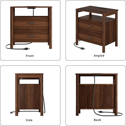 FavourLife Night Stand, 23" Wide Nightstand, Modern Nightstand with Charging Station, 2 Drawer Wooden End Table with Solid Round Post Legs & Open Shelf, Bedside Table w/Storage for Bedroom, Walnut