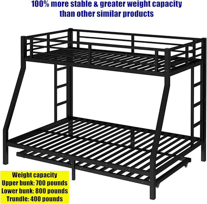 Higher Quality & Stronger Heavy Duty Metal Bunk Bed Frame Twin Over Full Size with Twin Size Trundle for Adults Teens, Thickened More Stable Steel Bunkbed (Twin Over Full with Trundle)