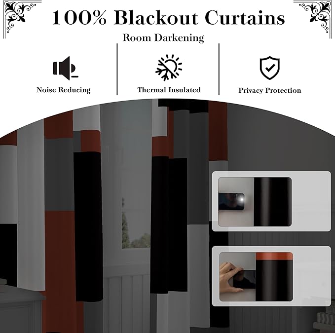 Burnt Orange 100% Blackout Curtains for Bedroom 63 inch Length 2 Panels Set Grey Modern Abstract Geometric Fall Black Out Curtains Insulated Room Darkening Window Drapes for Living Room, 42Wx63L