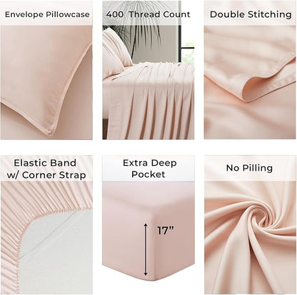 Luxury Bamboo Market | Queen Size Bed Sheet Set | 100% Viscose Made from Bamboo | Organically Grown | Ultra Soft | Cooling Sheets for Hot Sleepers | 17" Deep Pocket [Vintage Pink]