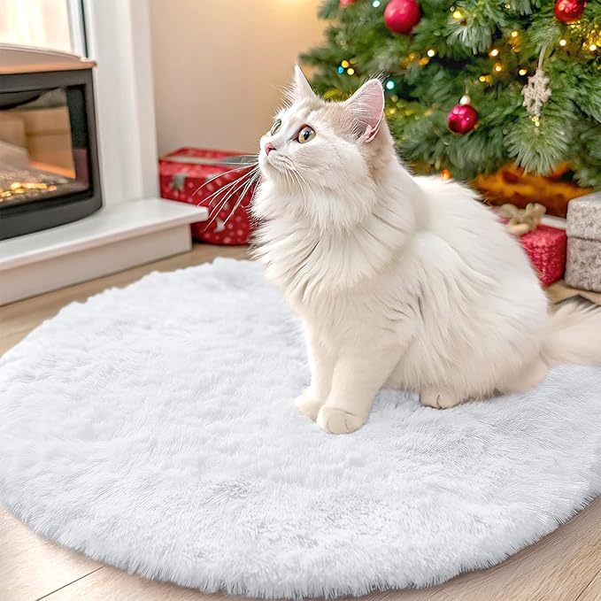 OLANLY White Round Rugs for Bedroom - Machine Washable, 2 ft Circle Area Rugs for Living Room, Soft and Fluffy Shaggy Carpet for Teen Girls and Boys, Nursery Rooms, Dorms, Home Decor Aesthetic