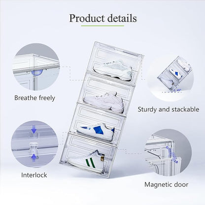 8 Pack XL Shoe Storage Box Organizer,Drop Side Large Shoe Boxes Clear Plastic Stackable Container,Magnetic Sneaker Display Case, Fit up to US 13（13.4”x 10.6”x 8.3”(8 Pack Black)
