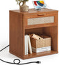 LEYAOYAO Rattan Nightstands Set of 2 with Charging Station, Tea Brown Night Stand with Drawer, 23" Wide Boho Bedside Table with Storage Shelf, Bed Side End Tables for Bedroom, Living Room, Hallway