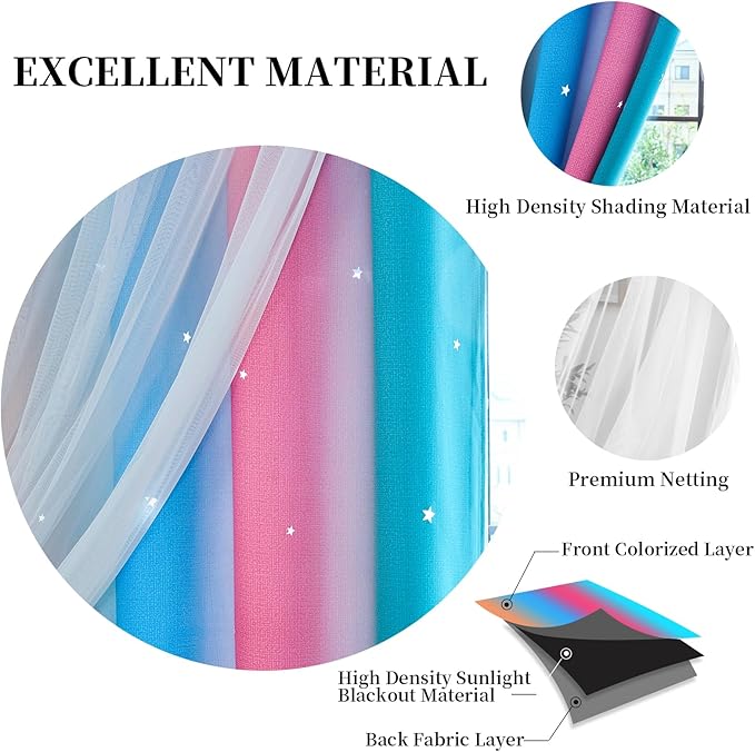 Star Blackout Curtains for Bedroom - Cute Kids Rainbow Curtains, 84 Inch Long 2 Panels, Beige & Blue & Pink, 42 x 84 Inch