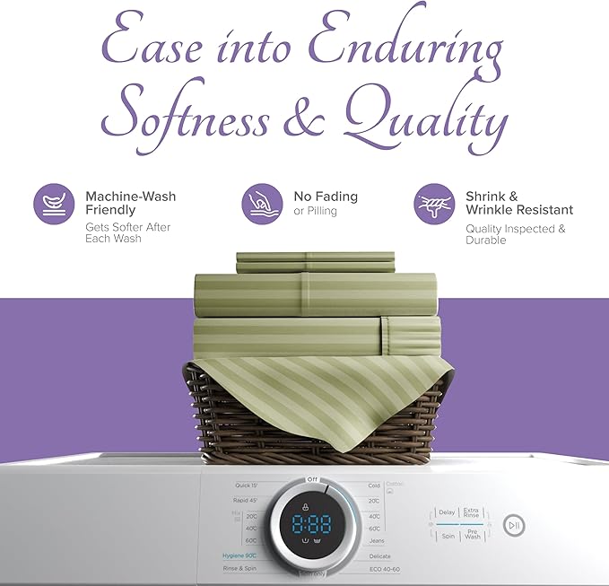 Carressa Linen Luxury Egyptian Cotton King Stripe Sheet Set - 600 Thread Count Extra Long Staple 4 PC Set, Herb Garden King Damask Sheets, Soft, Cooling Sateen Weave Sheets Upto 18 in Deep Pocket