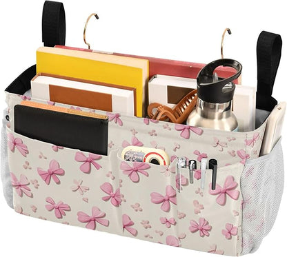 Bedside Caddy Hanging Bunk Bed Caddy Bed Organizer Hanging Pocket with 2 Hooks Bedside Storage Organizer Pocket Bag Holder Pink Cute Bow