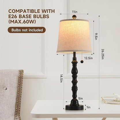 Terpsichore Lamps for Living Room Modern Farmhouse Table Lamp Bedside Reading Lamps Set of 2 Night Stands Bedroom Night Lamp,with Fabric Lamp Shade (Black, High 26.25 Inch)