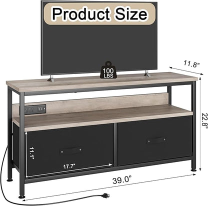 39" Dresser TV Stand for TVs up to 50", Media Console with LED Lights, Charging Station & 2 Drawer Storage Chest, Gaming Entertainment Center with Storage for Bedroom (Grey, 39 in)
