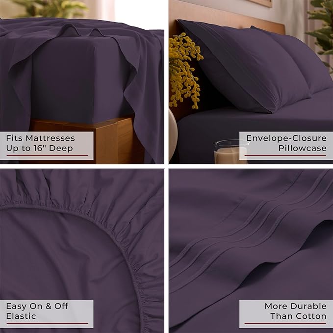 Mellanni Queen Sheet Set - 6-Piece Iconic Collection Bedding, (Including 4 Pillowcases), 16-Inch Deep Pocket, Easy Care, Extra Soft, Cooling Sheets, Brushed Microfiber - Purple