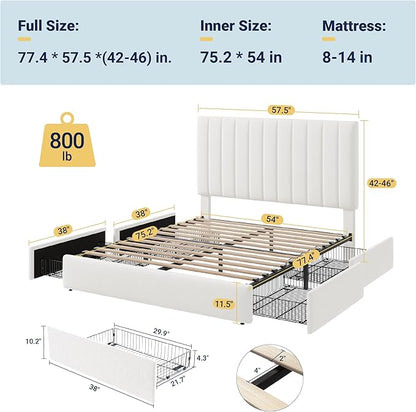 Allewie Full Size Storage Bed Frame, Vertical Channel Tufted Adjustable Headboard, Velvet Upholstered Platform Bed with 4 Oversized Underbed Drawers, Wooden Slats Support, No Box Spring Needed, White