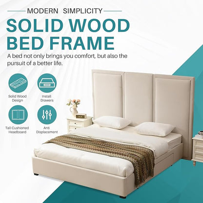YUHUASHI King Size Bed Frame with 64-inch High Headboard, Simple and Airy Linen Upholstered Platform Bed with Storage Drawers, Wood Slat, No Noise (Beige, King)