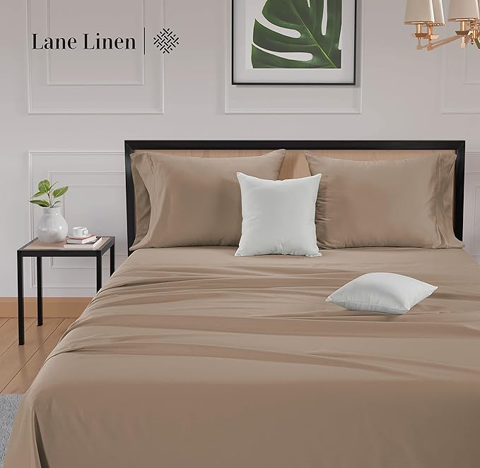 Lane Linen 100% Cotton Bed Sheets – 600 Thread Count Cooling Sheets Queen, Durable Daily Use Bedding, Value Comfort for Nightly Rest, Hotel Sateen Finish, Snug Fit 15" Deep Pocket Fitted Sheet – Taupe