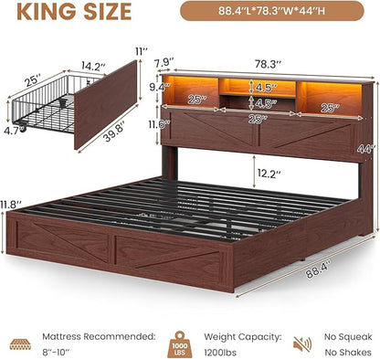 VIAGDO Farmhouse Bed Frame King Size with Bookcase Storage Headboard, Charging Station and LED Lights, Wooden King Bed Frame with 4 Drawers, Barn Door Design, No Box Spring Needed, Reddish Brown