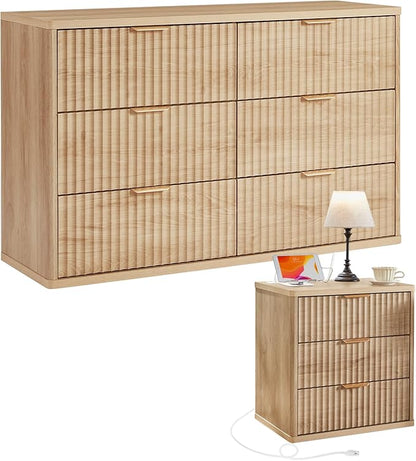 LEYAOYAO Fluted Dresser and Nightstand Sets, Wood 48" Wide Dresser & 23" Night Stand with Charging Station, 2 Piece Bedroom Furniture Set, Chest of Drawers for Bedroom, Home, Living Room,Wood