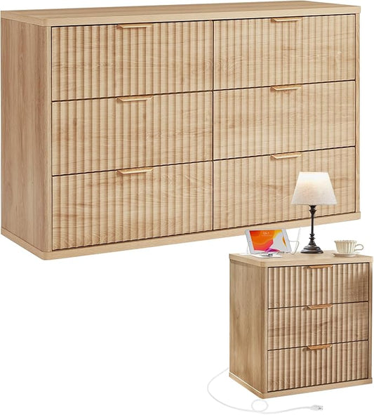 LEYAOYAO Fluted Dresser and Nightstand Sets, Wood 48" Wide Dresser & 23" Night Stand with Charging Station, 2 Piece Bedroom Furniture Set, Chest of Drawers for Bedroom, Home, Living Room,Wood