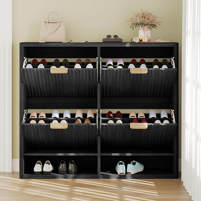 Fluted Shoe Cabinet Storage with 4 Flip Drawers, Narrow Shoe Storage Organizer for Entryway, Hidden Slim Wooden Shoe Rack Cabinet for Front Door Entrance, Hallway, Living Room (4-Drawer, Black)