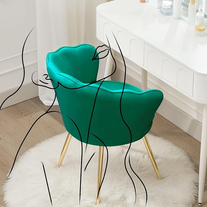 Accent Chairs Set of 2, Velvet Vanity Chair with Back, Mid-Century Modern Small Accent Chair for Living Room, Golden Metal Legs Upholstered Makeup Chair, Bedroom Armchair, Emerald Green