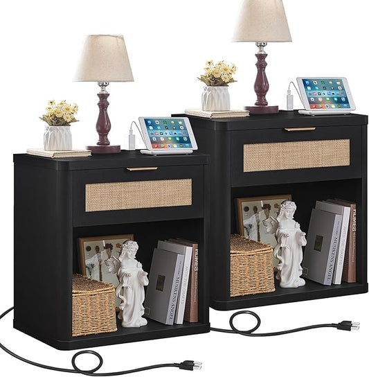 LEYAOYAO Rattan Nightstands Set of 2 with Charging Station, Black Night Stand with Drawer, 23" Wide Boho Bedside Table with Storage Shelf, Bed Side End Tables for Bedroom, Living Room, Hallway