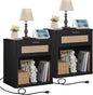 LEYAOYAO Rattan Nightstands Set of 2 with Charging Station, Black Night Stand with Drawer, 23" Wide Boho Bedside Table with Storage Shelf, Bed Side End Tables for Bedroom, Living Room, Hallway