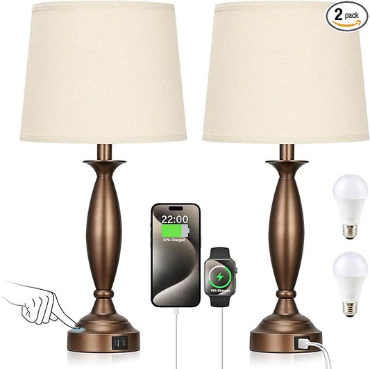Seealle Beige Brown Lamps for Bedrooms Set of 2 - Touch Control Bedside Lamp with USB C+A, 3 Way Dimmable Nightstand Lamps with USB Port, Table Lamp for Living Room(Beige Shade and Brown Base)