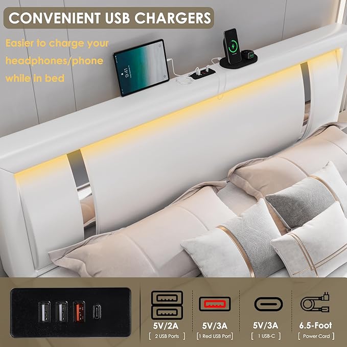 Full Size Bed Frame with RGB LED Lights Headboard & 2 Storage Drawers, Modern Upholstered Faux Leather Smart Platform Bed with Iron Metal Decor, USB & USB-C Charging Ports, No Box Spring Needed, White
