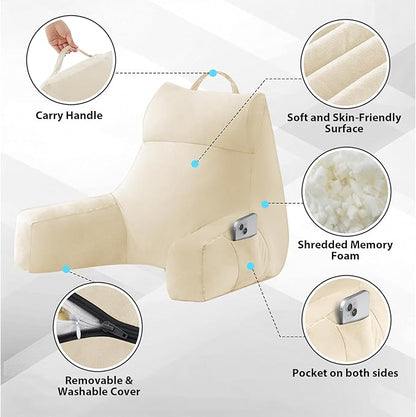 IPYNBAP Reading Pillow with Arms for Adult, Back Pillow for Bed Sitting Up, Shredded Memory Foam Backrest Pillow with Pockets & Removable Washable Cover, Lounging, Watching TV, Reading(20" Beige)
