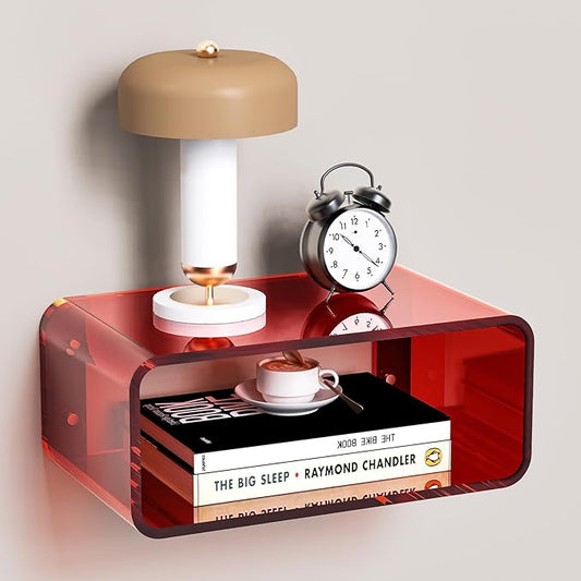 Acrylic Floating Nightstand, Bedside Table, Nightstand Shelf Wall Mounted Bedside Shelf (Red, Small)