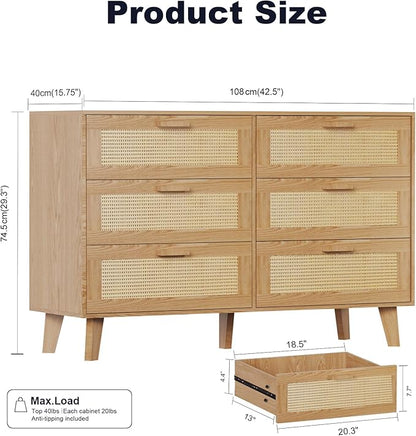 Wide Rattan Dresser, 6 Drawer Dressers Bedroom Furniture Large Storage Tower Unit, Dresser for Bedroom, Closet,Hallway, Walnut