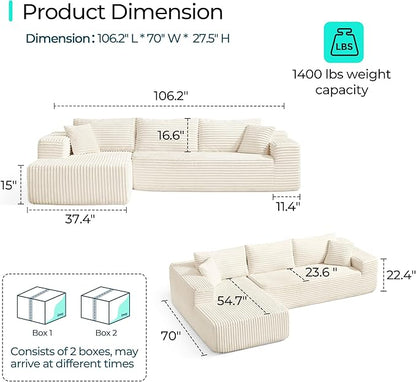 LINSY HOME Modular Sectional Sofa Boneless Cloud Couches for Living Room | Oversized Chaise, Deep Seat, Beige Cloud Couch, Plush Corduroy, L-Shape, No Assembly Required