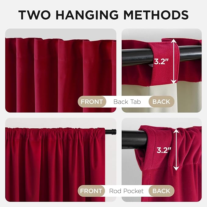 Joydeco Red 100% Blackout Curtains 108 Inch 2 Panels, Luxury Thermal Red Velvet Curtains for Bedroom Living Room, Soundproof Blackout Window Drapes, Rod Pocket & Back Tab (52W x 108L)