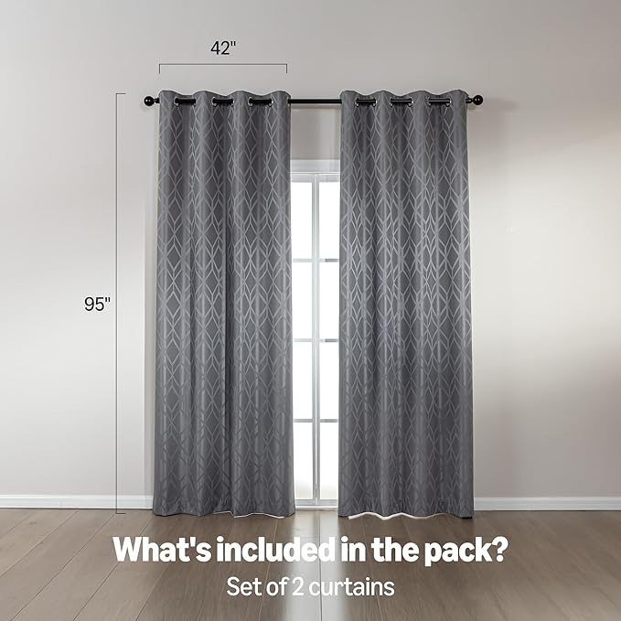 Amazon Basics Jacquard 2-Piece 100% Blackout Curtains, Living Room and Bedroom Drapes, Thermal Insulated Window Treatment, 42"x95", Grey