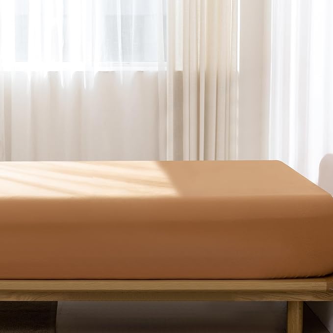 MooMee Fitted Bottom Sheet Only 100% Washed Cotton Linen Like Textured Breathable Durable Soft Comfy Deep Pocket Fits Mattress up to 17" (Burnt Orange, King)