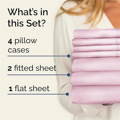 Split King 7 Piece Sheet Set - Cooling & Breathable - Hotel Luxury Bedding, Includes Fitted Sheets for Women, Men, Kids & Teens - 1 Flat, 2 Fitted Sheets, 4 Pillowcases w/Deep Pockets - Light Pink