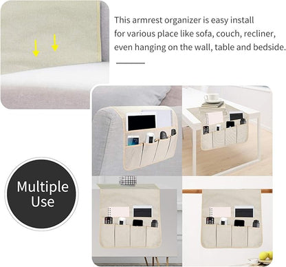 SYSOV Sofa Armrest Organizer, Remote Control Holder for Recliner Couch, Arm Chair Caddy with 6 Pockets for Magazine, Tablet, Phone, iPad (Beige, W19'' x L33'')