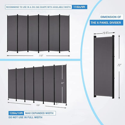 MAYOLIAH 6 Panel Room Dividers Folding Privacy Screen, 10ft Wide 6ft Tall Partition Office Walls Separator with Small Base, Grey