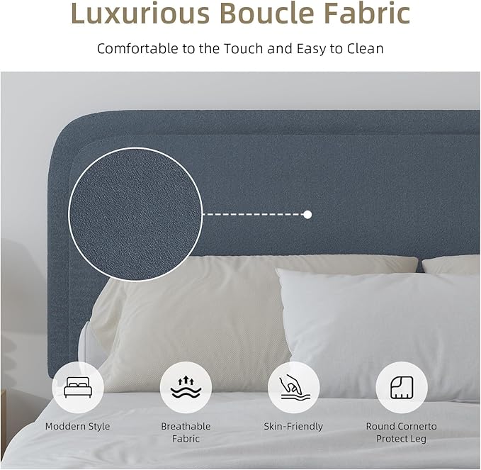 BarnFurin Full Size Bed Frame,Cloud Boucle Upholstered Platform Bed Frame with Headboard, Modern Style, Soft Rounded Corners, No Box Spring Required, Easy Assembly, Blue