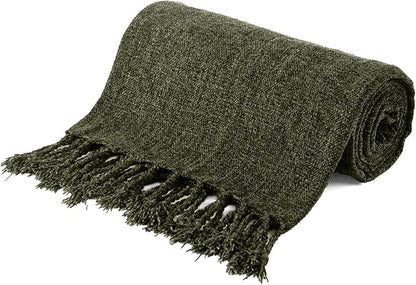 BATTILO HOME Olive Green Throw Blanket for Couch Bed Sofa, Soft Cozy Chenille Throw Blanket with Fringe Tassels, Lightweight Knit Throw Blanket for Home Decor, 50"x60"