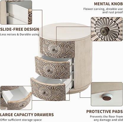 COSIEST 3 Drawer Chest of Drawers, 20 inch MDF Round Storage Cabinet, Retro Whitewash Finish Nightstand, Wood Bedside Table with Drawers for Bedroom Living Room,Light Gray