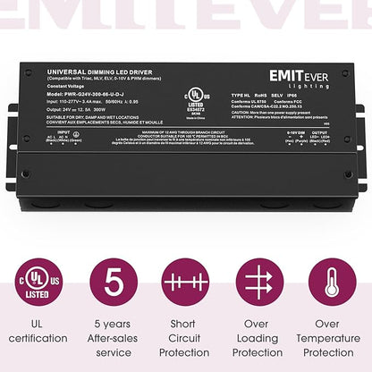 EMITEVER Dimmable Led Driver, 2 Packs 300W AC 110V-277V to DC 24V Transformer, 5-in-1 Dimming: ELV/MLV/TRIAC / 0-10V / 1-10V / 10V PWM/Potentiometer, Waterproof IP67 and UL Listed
