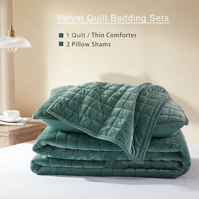 LEAONME Velvet Quilt California King-118''x106'', Lightweight Aqua Green Velvet Comforter Set with 2 Pillow Shams, Soft Oversized Bedspread Coverlet Quilted Bedding Set for All Season