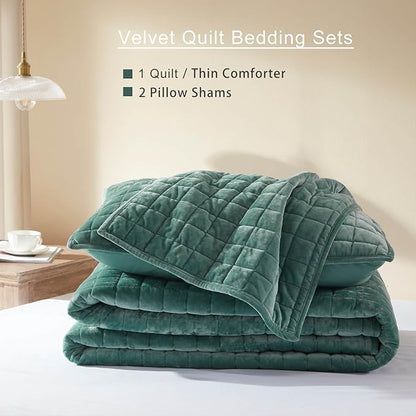 LEAONME Velvet Quilt Full/Queen Size-90''x98'', Lightweight Aqua Green Velvet Comforter Set with 2 Pillow Shams, Soft Bedspread Coverlet Quilted Bedding Set for All Season