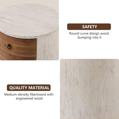 COSIEST 3 Drawer Chest of Drawers, 20 inch MDF Round Storage Cabinet, Retro Whitewash Finish Nightstand, Wood Bedside Table with Drawers for Bedroom Living Room