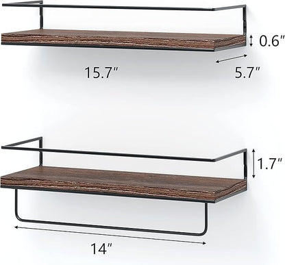 Shario Rustic Wood Floating Shelves - Set of 2, Wall Mounted Hanging Shelves with Black Towel Rack, Decorative Storage Shelves for Bathroom, Kitchen, Living Room & Bedroom (Dark Carbonized Brown)