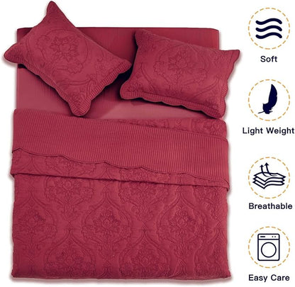 CHIXIN Bedspread Coverlet Set Queen Size - Lightweight Bedding Cover - Beautiful Stitching - 5 Piece Reversible Bedspread - Gorgeous Damask Paisley Pattern (Queen, Wine Red)