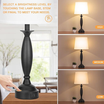 Seealle White Lamps for Bedrooms Set of 2 - Touch Control Bedside Lamp with USB C+A, 3 Way Dimmable Nightstand Lamps with USB Port, Table Lamp for Living Room(White Shade and Black Base)