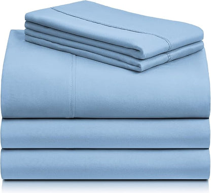 LuxClub 5 PC Split King Sheet Set, Deep Pockets Wrinkle Free Cooling Bed Sheets Hotel Bedding for Women, Men, Includes 2 Fitted Sheet, 1 Flat Sheet and 2 PillowcasesSoft Sky