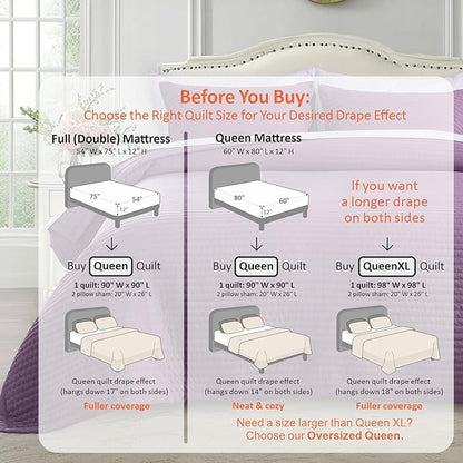 KASENTEX Queen Quilt Set 90"x90" – Soft Washed 3-Layer Lightweight Bedspread, Minimalist Nordic Design, All-Season Spring & Summer Quilt Set (1 Quilt + 2 Pillow Shams),Grape Jam Purple