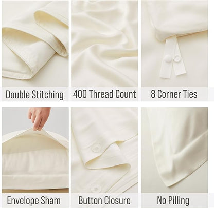 Bella Coterie Luxury Bamboo Viscose Queen Size Duvet Cover Set | 100% Organically Grown | Corner Ties | Ultra Soft | Cooling | Two Pillow Shams | 90 x 94 | No Insert [Ivory]