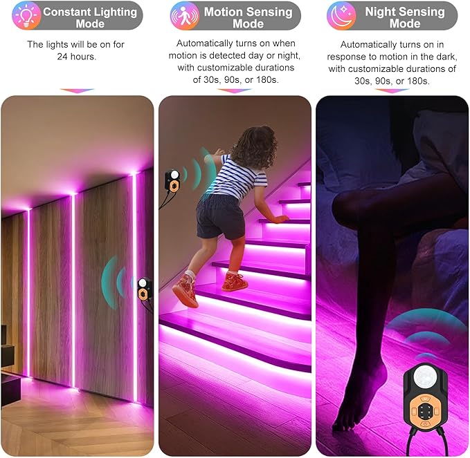 Motion Sensor LED Light Strip Indoor 9.84ft/3M, Under Bed Lights RGB Color Changing | Music Sync | App & Remote Control | USB 5V Dimmable | Night Lights for Bedroom, Stair, Cabinet Decor Decor