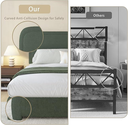 BarnFurin King Size Boucle Bed Frame and Headboard, Cloud Upholstered Platform Bed Frame, Soft Rounded Corners, Modern Style, No Box Spring Required, Easy Assembly, Green